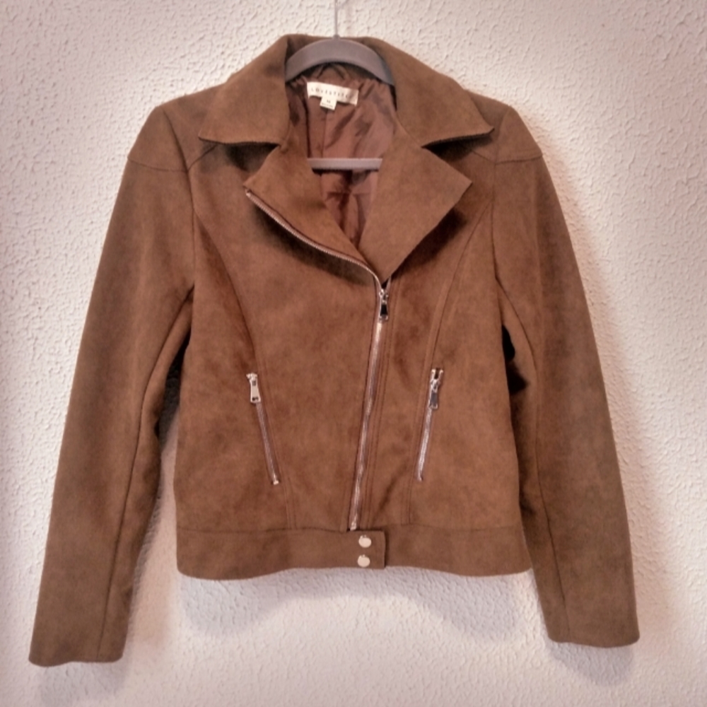 Love Stitch Tan Faux Suede Zip Pockets Fringe Moto Western Jacket sz M